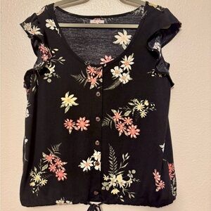 Maurices Black Floral Button-Down Blouse with Ruffle Details